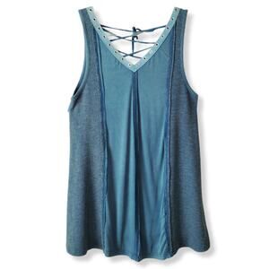 POL Boho Sleeveless Swing Dress L Blue Grunge Beach Casual Hippie Festival NEW